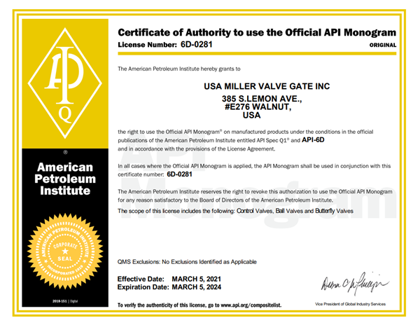 USA Miller Valve Gate Inc. counterfeit certificate
